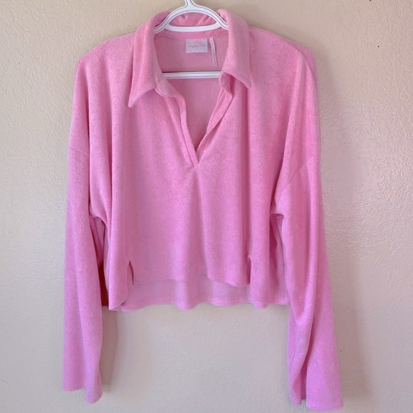 Urban Outfitters Tops - Out From Under BarbieCore Bubblegum Pink Terry Cloth Collared Crop Top Size L